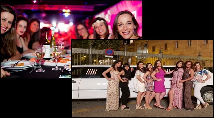 Grupo de chicas disfrutando de una cena especial con una limusina esperándolas – Cena restaurante limusina Barcelona.