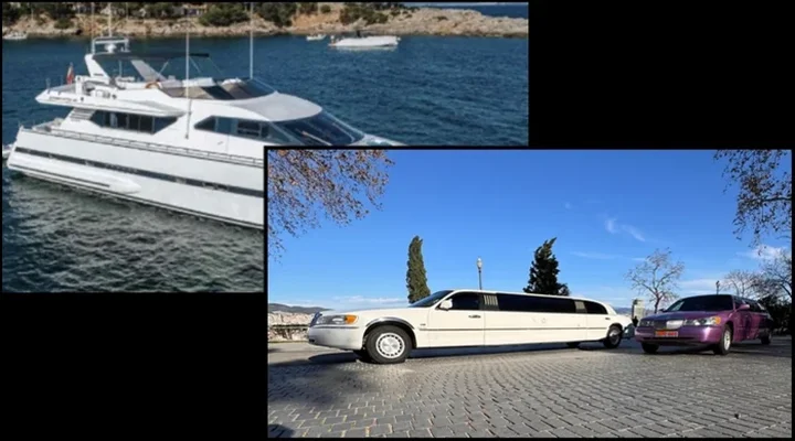 Elegante limusina junto a un barco con paquetes personalizados para una experiencia única – Barcos Limusinas Barcelona.