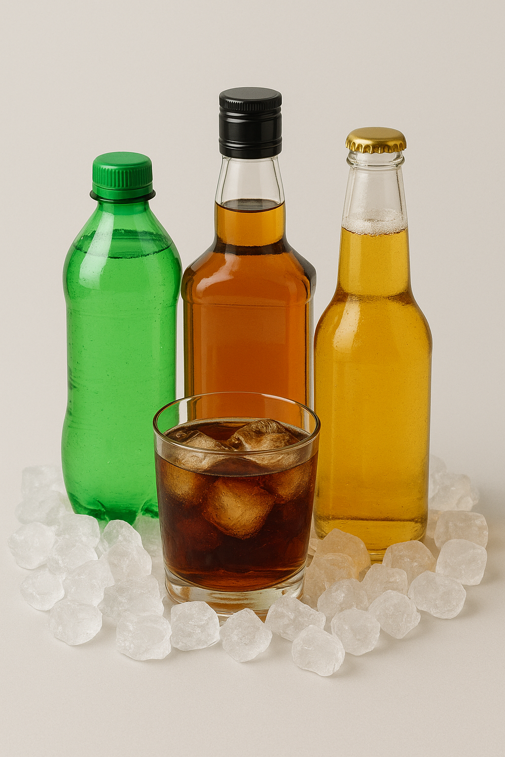 Tres botellas de alcohol junto a un vaso con hielo, promoción de paquete de bebidas
