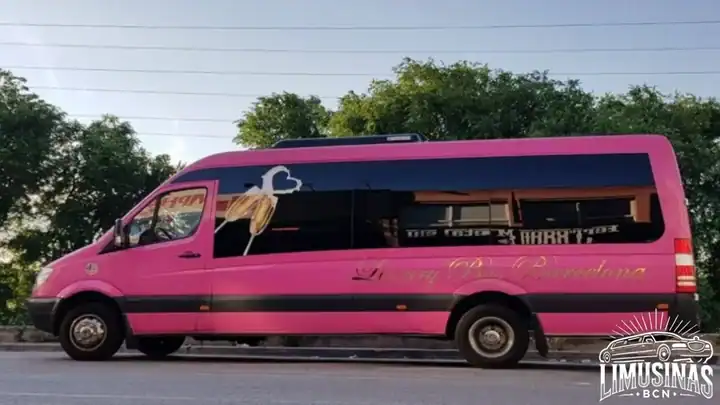 Limobus rosa con capacidad máxima de 12 personas, ideal para despedidas y celebraciones